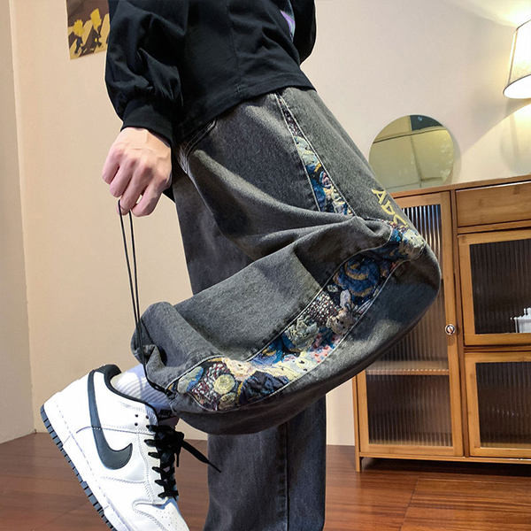 Ανδρικό τζιν με κορδόνια και φλοράλ τελειώματα