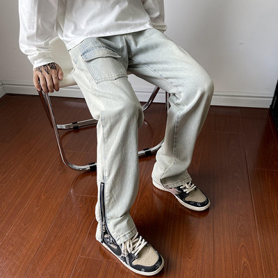 Vyriški laisvalaikio džinsai plačiomis kojomis su kišene ir užtrauktuku