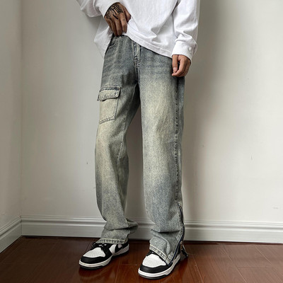 Vyriški laisvalaikio džinsai plačiomis kojomis su kišene ir užtrauktuku