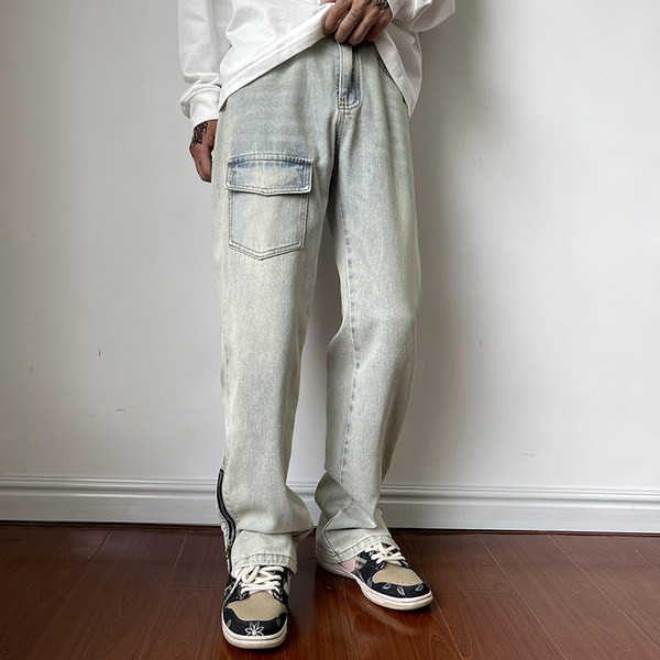 Vyriški laisvalaikio džinsai plačiomis kojomis su kišene ir užtrauktuku