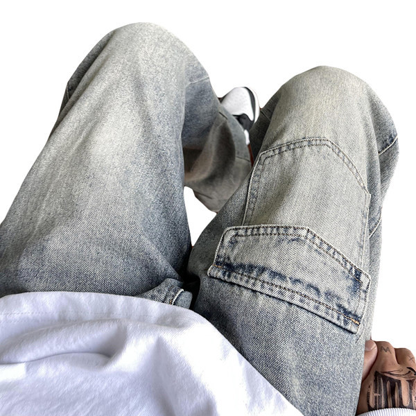 Vyriški laisvalaikio džinsai plačiomis kojomis su kišene ir užtrauktuku