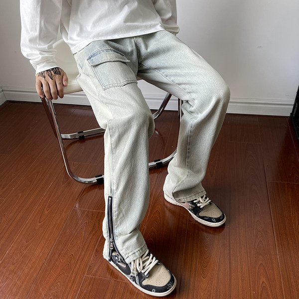 Vyriški laisvalaikio džinsai plačiomis kojomis su kišene ir užtrauktuku