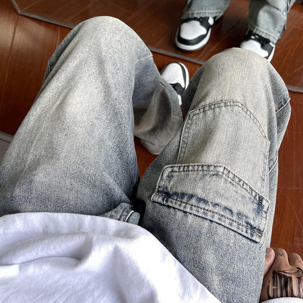 Vyriški laisvalaikio džinsai plačiomis kojomis su kišene ir užtrauktuku