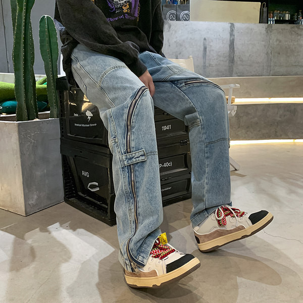 Madingi vyriški džinsai su užtrauktuku šone ir kišenėmis