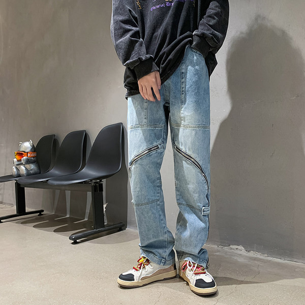 Madingi vyriški džinsai su užtrauktuku šone ir kišenėmis