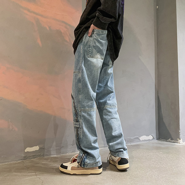 Madingi vyriški džinsai su užtrauktuku šone ir kišenėmis