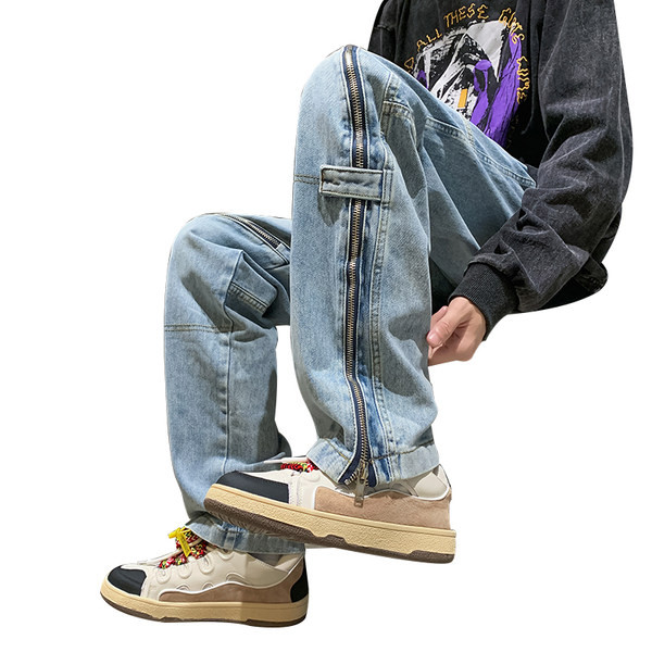 Madingi vyriški džinsai su užtrauktuku šone ir kišenėmis