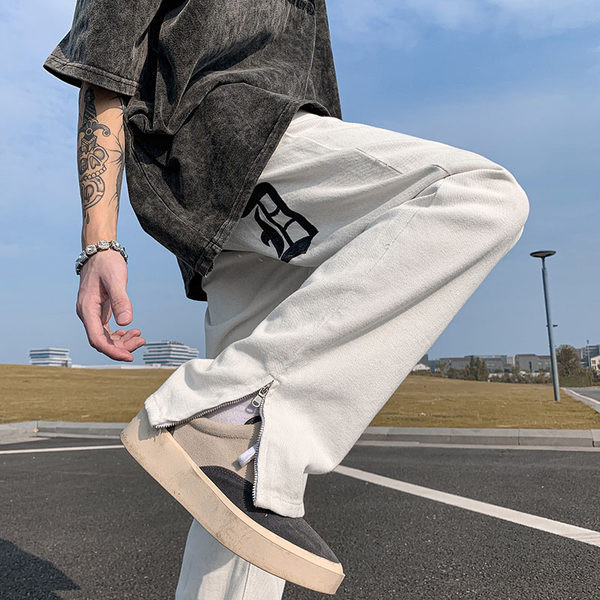 Vyriški juodai balti džinsai su užtrauktuku ir raštu