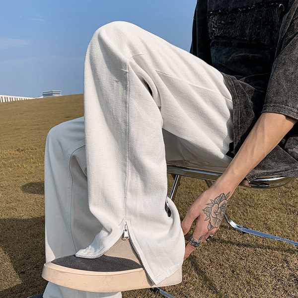 Vyriški juodai balti džinsai su užtrauktuku ir raštu