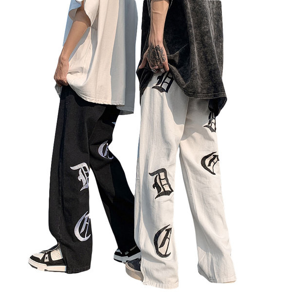 Vyriški juodai balti džinsai su užtrauktuku ir raštu