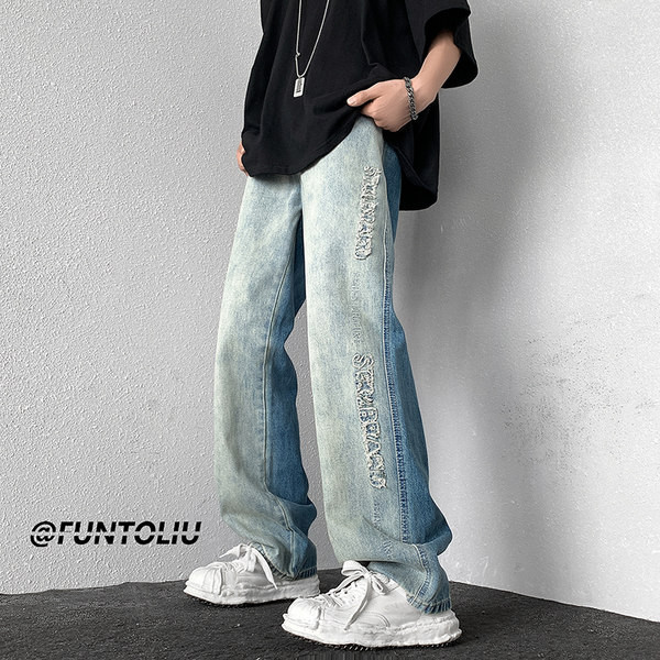 Kõrge vöökohaga trükitud teksad meestele