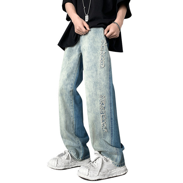 Kõrge vöökohaga trükitud teksad meestele