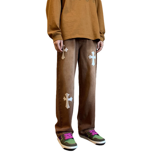 Dviejų spalvų plataus rašto vyriški džinsai su kryželiu