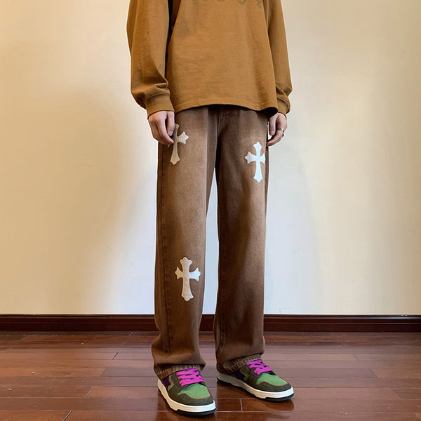 Dviejų spalvų plataus rašto vyriški džinsai su kryželiu