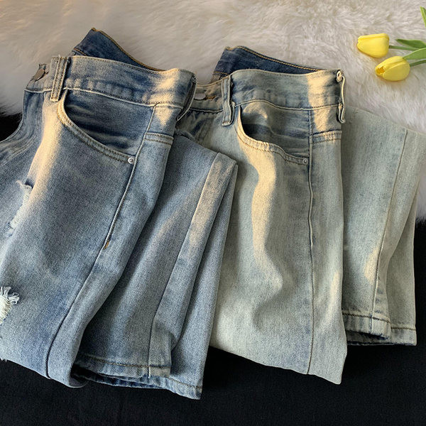 Dviejų spalvų ir plėšyto efekto laisvalaikio vyriški džinsai