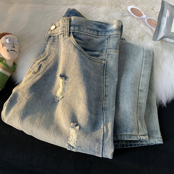 Dviejų spalvų ir plėšyto efekto laisvalaikio vyriški džinsai