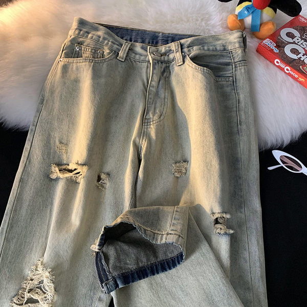 Dviejų spalvų ir plėšyto efekto laisvalaikio vyriški džinsai