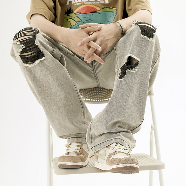 Vyriški laisvalaikio plėšytų raštų kišeniniai džinsai