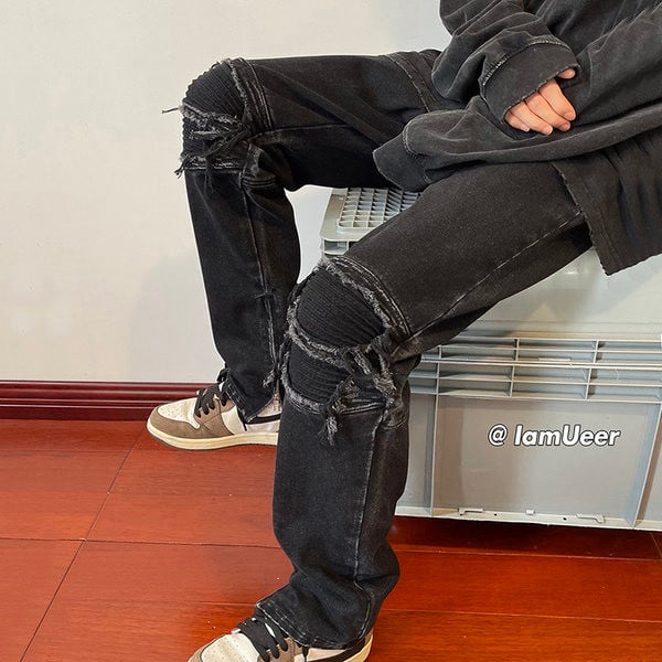 Meeste kahevärvilised rebitud motiividega teksad