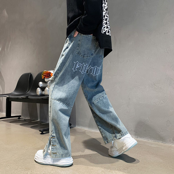 Meeste teksapükste lai mudel tasku ja kirjaga