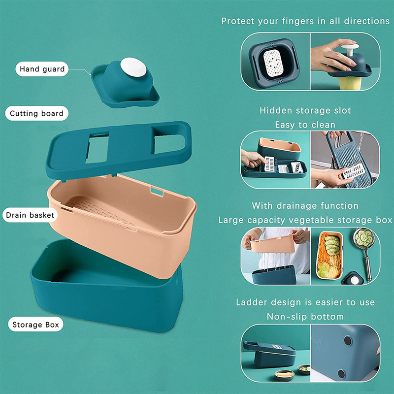 12Pcs Зеленчукорезец Резачка за зеленчуци Чипс Ренде Резачка за месо Лук Чопър Контейнер за съхранение на храна Кухненски инструменти Машина за нарязване на картофи