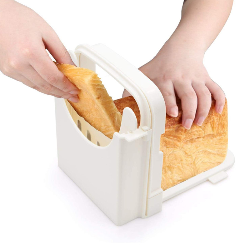 Sulankstomas duonos pjaustytuvas, reguliuojamas duonos pjaustymo vadovas naminei duonai, beigelio skrudinta duonos pjaustyklė / pjaustyklė, duonos pjaustymo mašina, balta