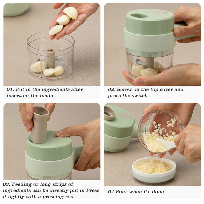 4 viename daržovių pjaustytuvų rinkinys Maisto smulkintuvai Rankiniai elektriniai belaidiai čili česnakų purvo trintuvai namų virtuvės priedams