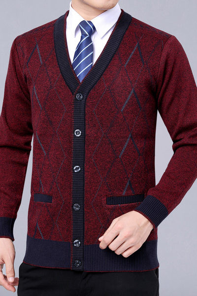 Cardigan pentru bărbați cu mâneci lungi în carouri, cu nasturi