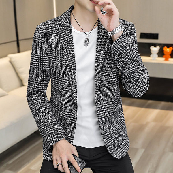 Jachetă pentru bărbați, cu mânecă lungă, cu nasturi, în carouri