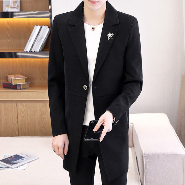 Jachetă lungă de primăvară pentru bărbați, cu mânecă lungă, cu închidere cu nasturi