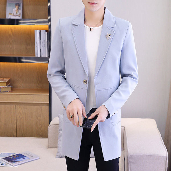 Jachetă lungă de primăvară pentru bărbați, cu mânecă lungă, cu închidere cu nasturi