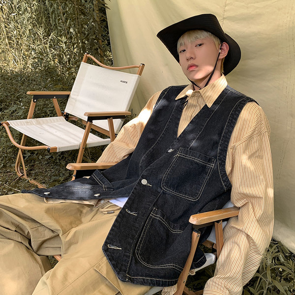 Muški ležerni traper prsluk s džepom i gumbima