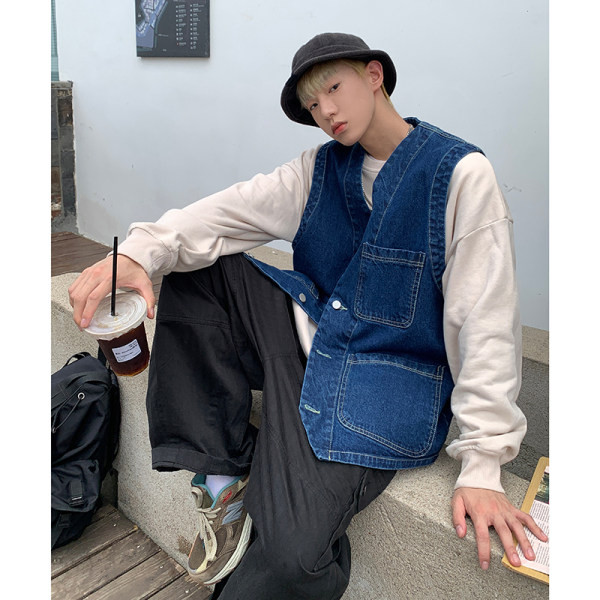 Muški ležerni traper prsluk s džepom i gumbima