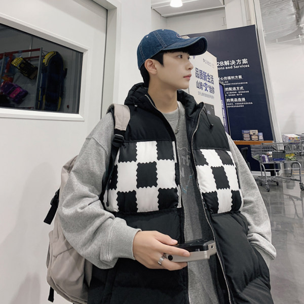 Vesta larga pentru barbati cu gluga - culoare alb si negru