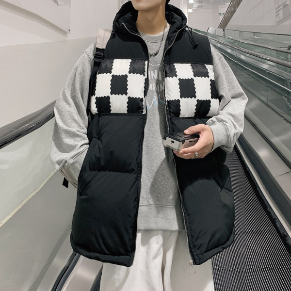 Vesta larga pentru barbati cu gluga - culoare alb si negru