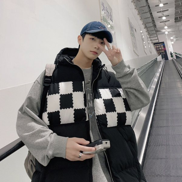 Vesta larga pentru barbati cu gluga - culoare alb si negru