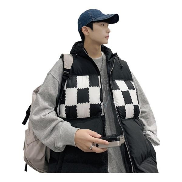 Vesta larga pentru barbati cu gluga - culoare alb si negru