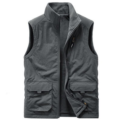 Vestă casual pentru bărbați, căptușită cu fleece, fermoar și buzunar