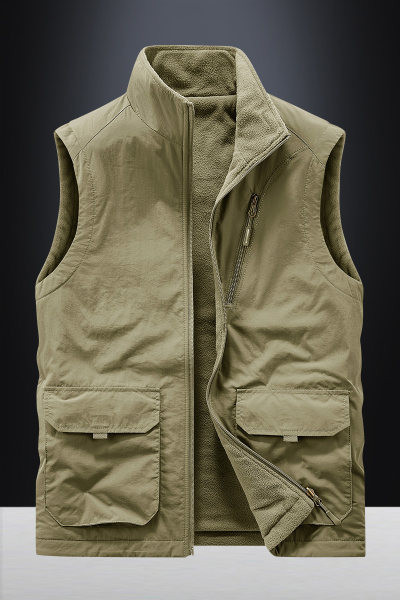 Vestă casual pentru bărbați, căptușită cu fleece, fermoar și buzunar