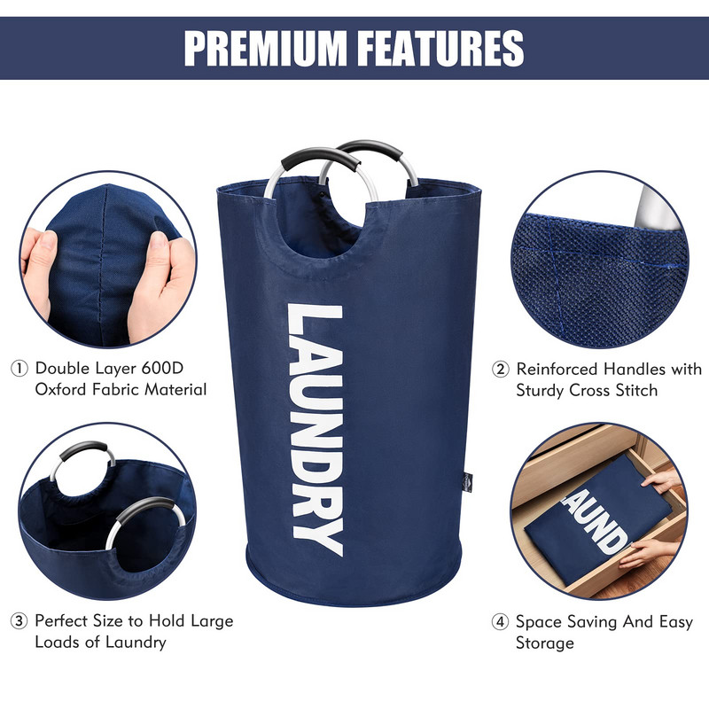 82L didelis skalbinių krepšelio laikiklis, sulankstomas Oksfordo audinio skalbinių gaubtas su aliuminio rankena Nešvarių drabužių krepšelio namų tvarkytuvė