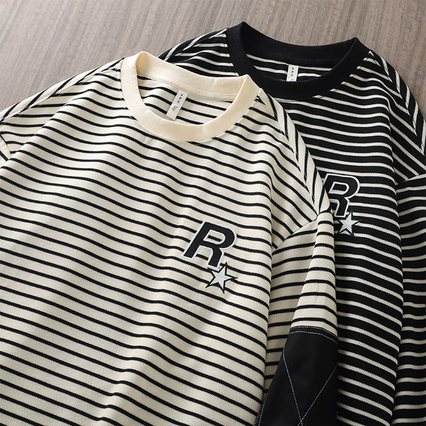 Férfi csíkos, kerek nyakú hosszú ujjú blúz