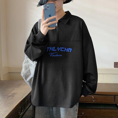 Vyriški laisvalaikio marškinėliai su apykakle ir užtrauktuku