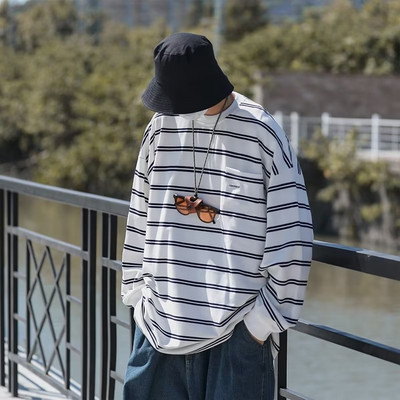 Férfi alkalmi csíkos kerek nyakú blúz