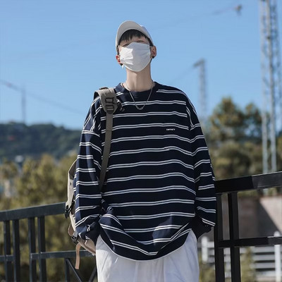 Férfi alkalmi csíkos kerek nyakú blúz