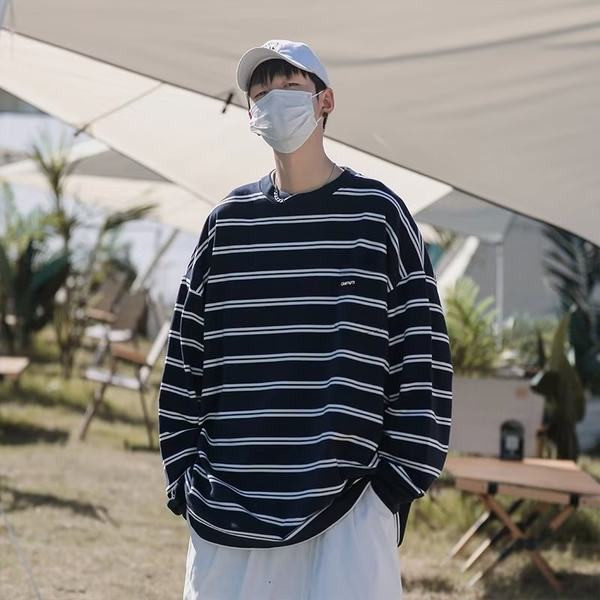 Férfi alkalmi csíkos kerek nyakú blúz