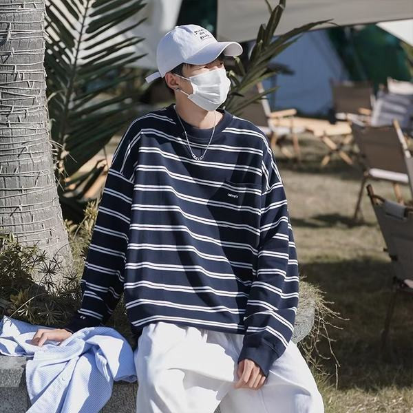 Férfi alkalmi csíkos kerek nyakú blúz