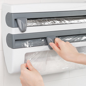 3-в-1 Диспенсър за пластмасова опаковка от алуминиево калаено фолио с нож Стенен кухненски органайзер за съхранение Поставка за държач на ролки от восъчна хартия