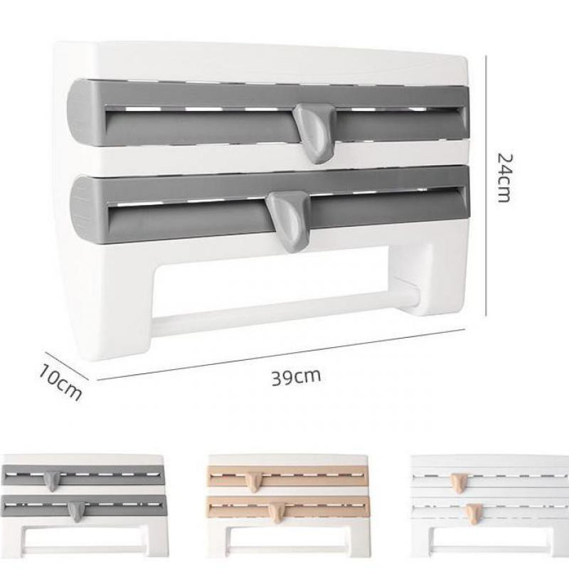 „Trys viename“ aliuminio skardos folijos plastiko įvyniojimo dozatorius su pjaustytuvu, montuojamu prie sienos virtuvės laikymo tvarkykle vaško popieriaus ritinėlių laikiklio lentyną