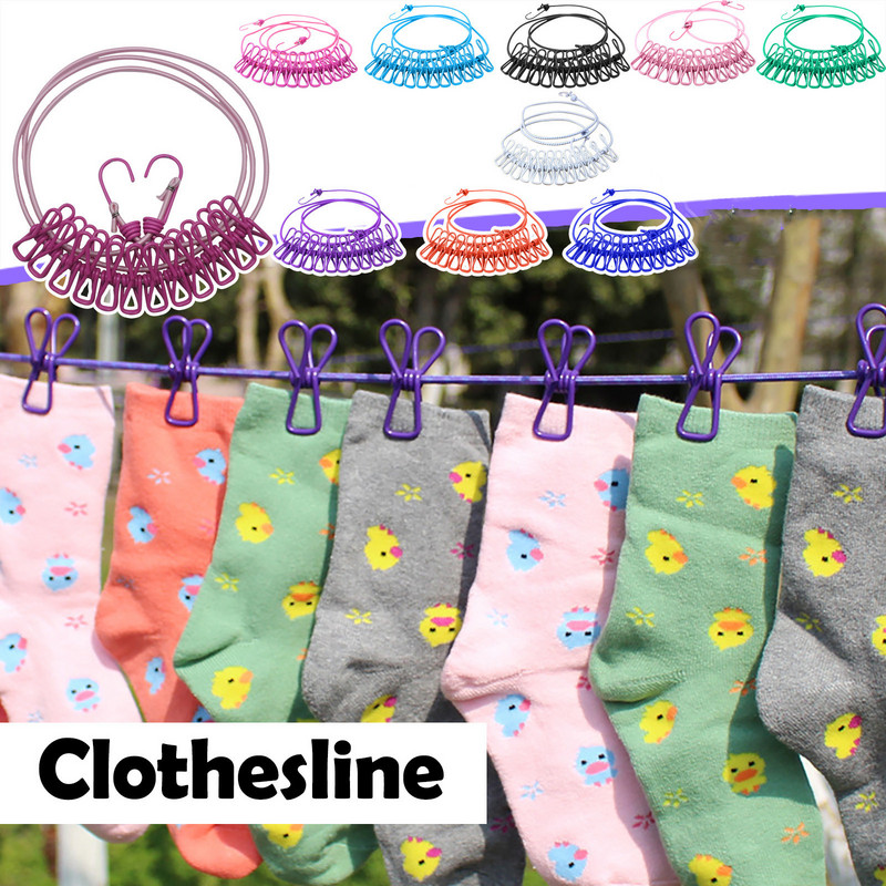 Āra ceļojumu drēbju aukla Pārnēsājama izvelkama drēbju aukla ar klipšiem, veļas aukla, vēja necaurlaidīga 180 cm elastīga virve, pagarināma līdz 340 cm