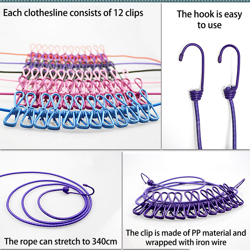 Āra ceļojumu drēbju aukla Pārnēsājama izvelkama drēbju aukla ar klipšiem, veļas aukla, vēja necaurlaidīga 180 cm elastīga virve, pagarināma līdz 340 cm